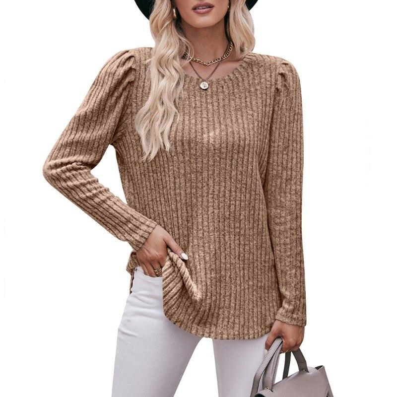 2023 Autumn Loose Tshirt Bubble Sleeve Stripe Shirt Women Office O-Neck Casual Shirt Women Top Solid Top Elegant 28653