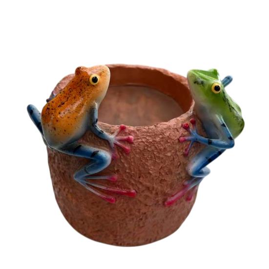 

Plant Pot with 2 Frogs Decorative Flower on Rim Pot with Drainage Hole for Home