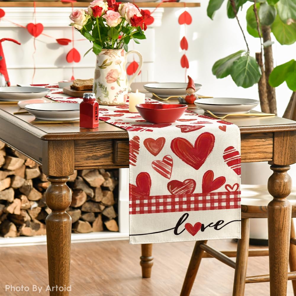 Artoid Mode Red Buffalo Plaid Love Heart Valentine's Table Runner, Anniversary Kitchen Dining Table Decoration for Home Party Decor 13x72 Inch
