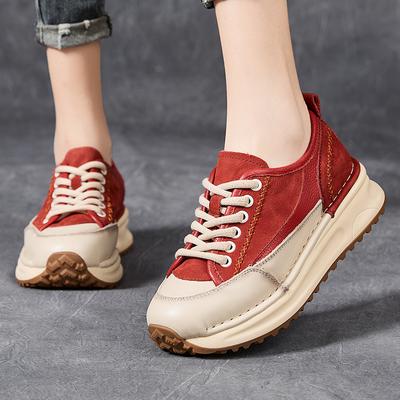 Mode GKTINOO Sneaker Damen Neu Echtes Leder Retro Flats Dicke Sohle Schnürschuhe Frühling Herbst Dame Handgefertigt Flache Freizeitschuhe Damen