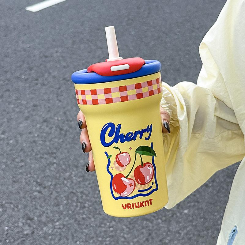 Cute thermos cup for girls, high value and large capacity straw cup, Bingba cup, birthday gift, water cup ceramic liner.