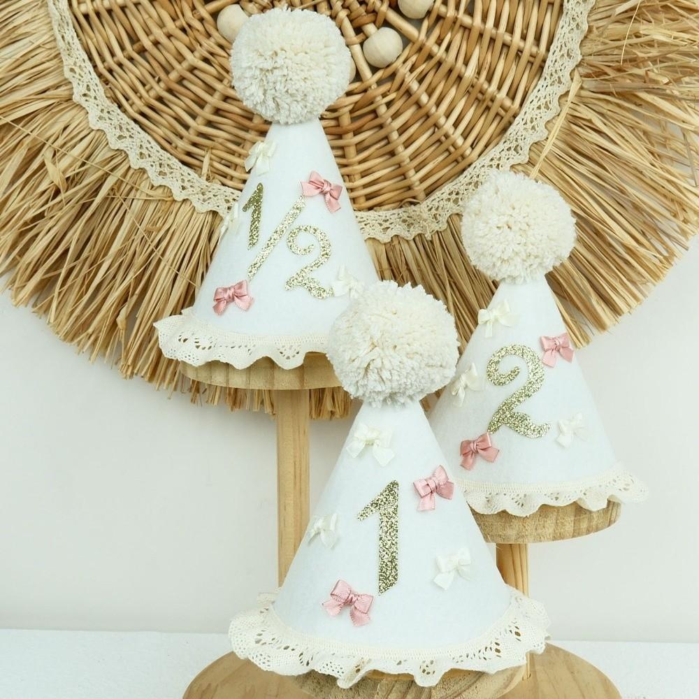 Sweet Bow Birthday Hat Handcrafted Pom Pom Lace Ruffle Hat Princess Birthday Hat Children's Party