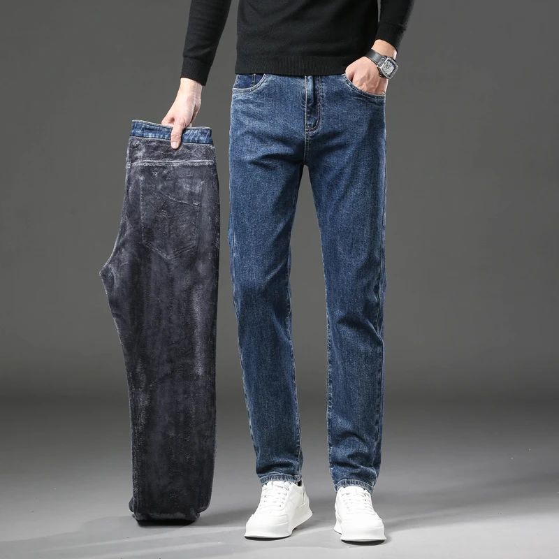 Men's Winter-Warm Denim Pants Thermal jeans Business Jeans Warm Padded Warm Straight Pants Plus Size Jeans