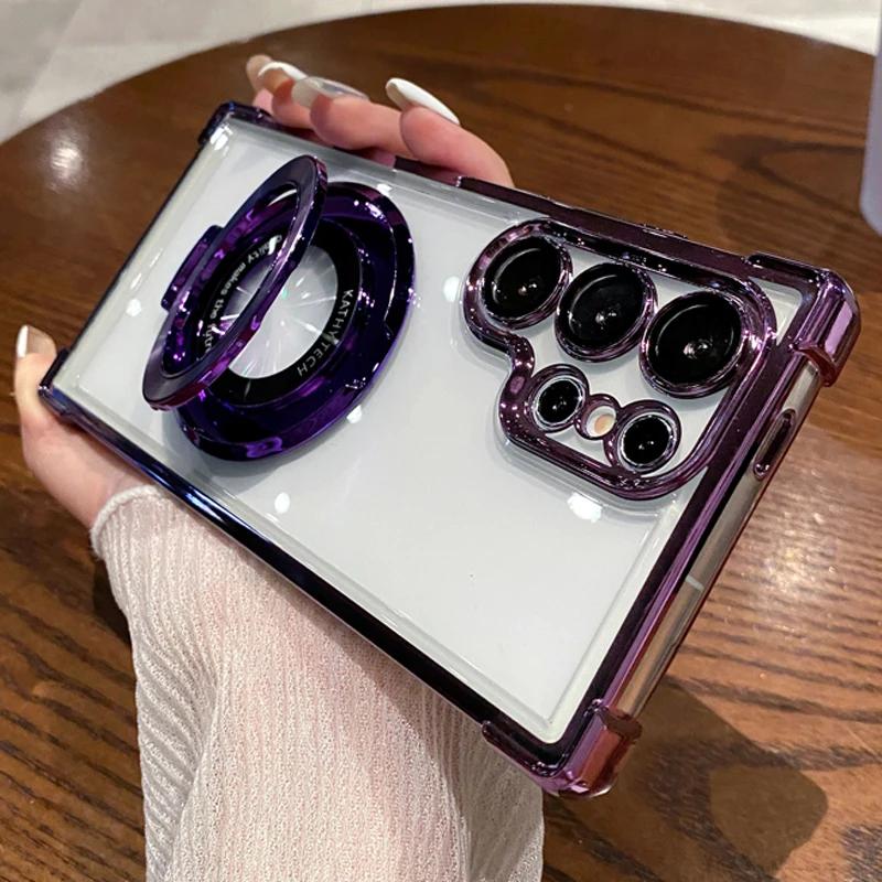 Four Corners Anti Drop Transparent Electroplated Magnetic Stand Protective Case For Samsung Galaxy S25 S24 S23 S22 21 Ultra Plus