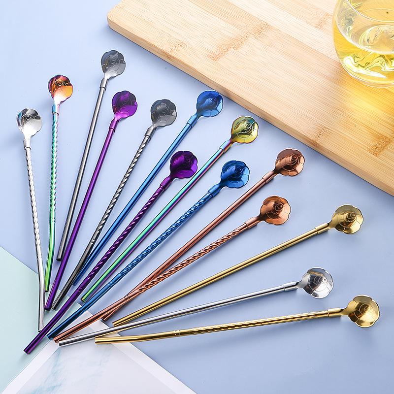 5pcs 10pcs Stainless Seel Flower Straw Spoon Summer Milk Tea Stirring Yerba Mate Straws Reusable Drinking Kitchen Supplies