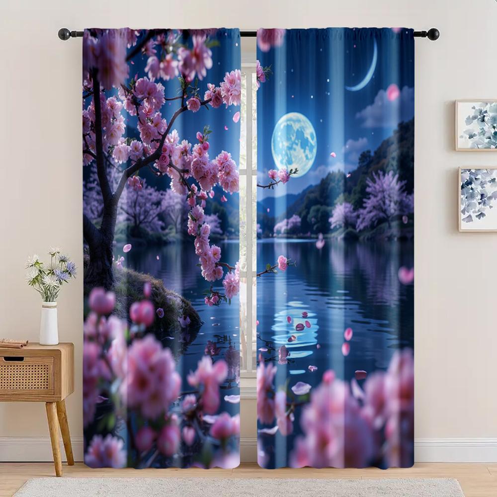 2pc, Curtains Cherry trees in the moonlight Blackout Polyester Festive Holiday for Multipurpose Various Event Decoration