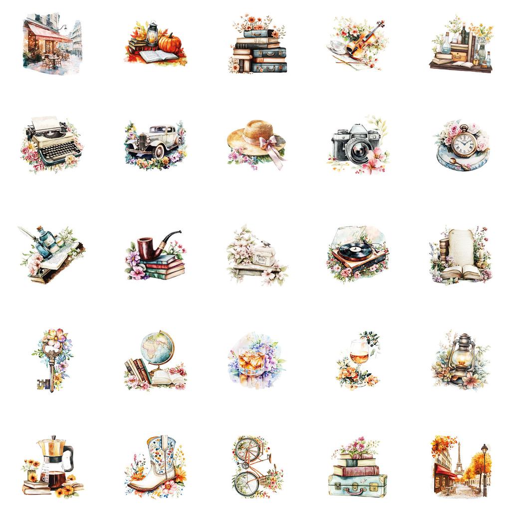 50 Beautiful Retro Style Mixed Graffiti Waterproof Stickers Creative Suitcase Rose Embellishment Stickers