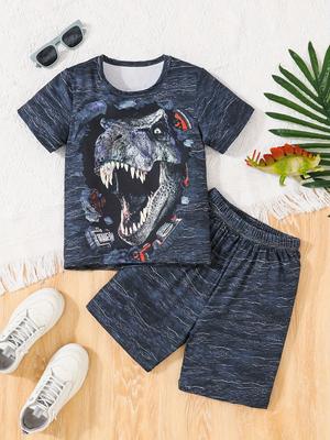 2pcs Boys Cool Dino Roar T-shirt & Shorts Set - Soft, Breathable Summer Outfit with Vibrant Graphic Prints