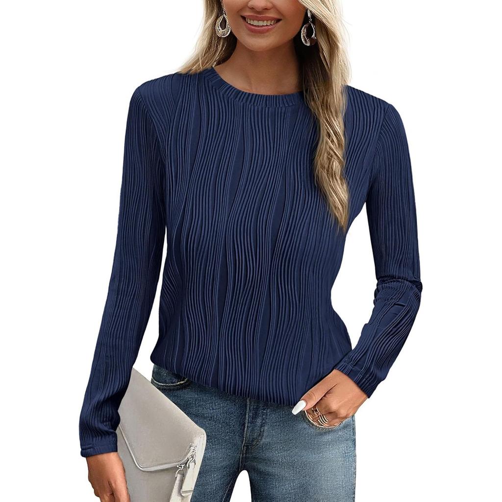 Women's Fashion Round Neck Long Sleeve T-Shirt Solid Color Textured Bottom Top