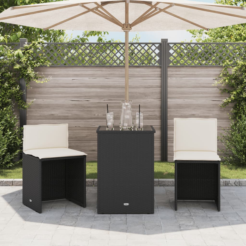 3 Piece Bistro Set with Cushions Black Poly Rattan