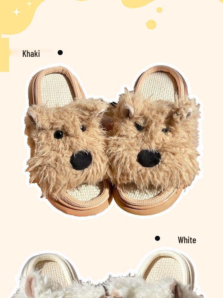 Red Book Cartoon Puppy Summer Linen Slippers - Thick Sole, Soft Cotton, Perfect for Girls' Home Use