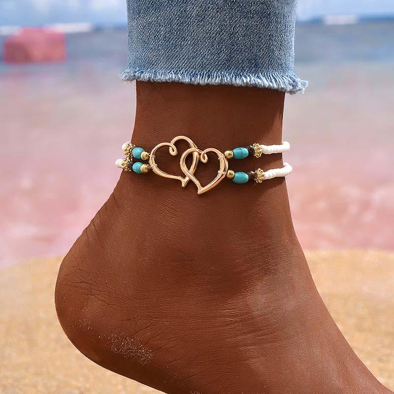 3Pcs/set Colorful Rice Bead Anklet Shell starfish Imitation Pearl Love Heart Pendant Summer Foot Chain for Women Beach Jewelry