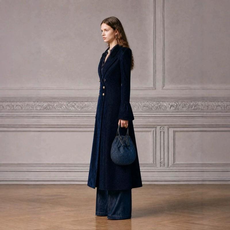 TK Womens Vintage Navy Corduroy Double Breasted Long Coat Fall 2026