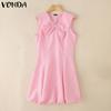 VONDA Women Sleeveless Dress Casual V Neck Bow Knot Crochet Hem Ruffled Mini Dresses