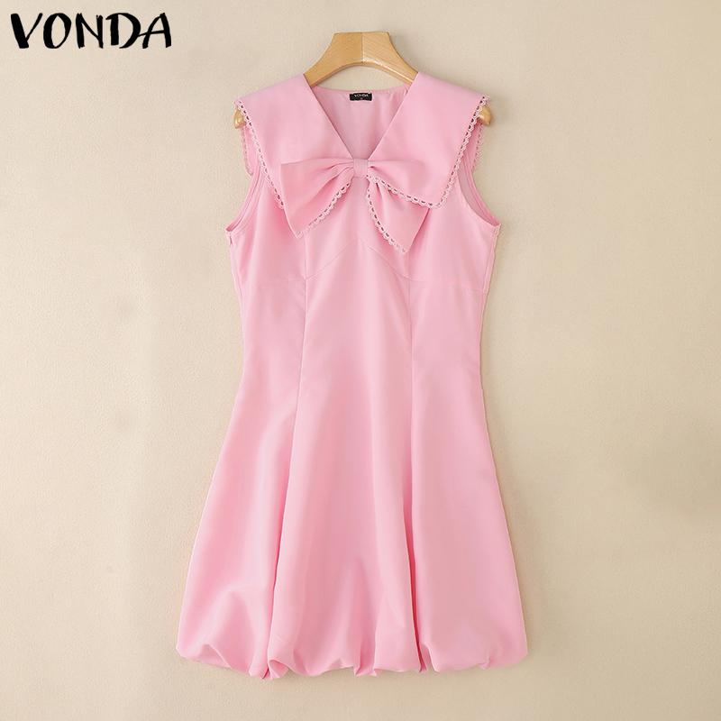 VONDA Women Sleeveless Dress Casual V Neck Bow Knot Crochet Hem Ruffled Mini Dresses