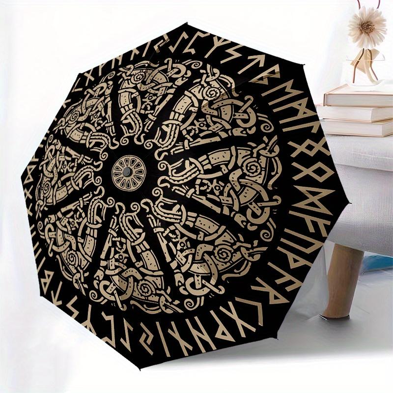 Viking Runes Circular Wall Art Decor, Norse Mythology Poster for Home or Office Umbrella, Cute Umbrella with Cute Design, Portable 3-Fold Compact Umbr
