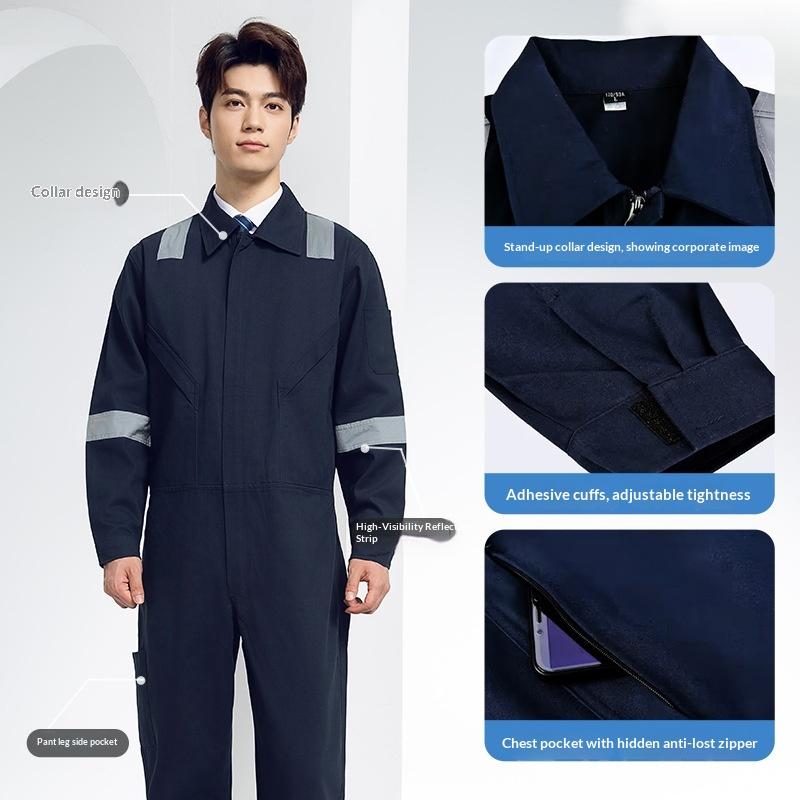 Pure Cotton One-Piece Work Coverall Men Reflective Wear-Resistant Stain-Resistant Customized Labor Protection Clothing Mechanics