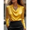 Women's Turn Down Collar Cowl Neck Long Sleeve Satin Blouse Elegant Solid Color Office Work Shirt Top