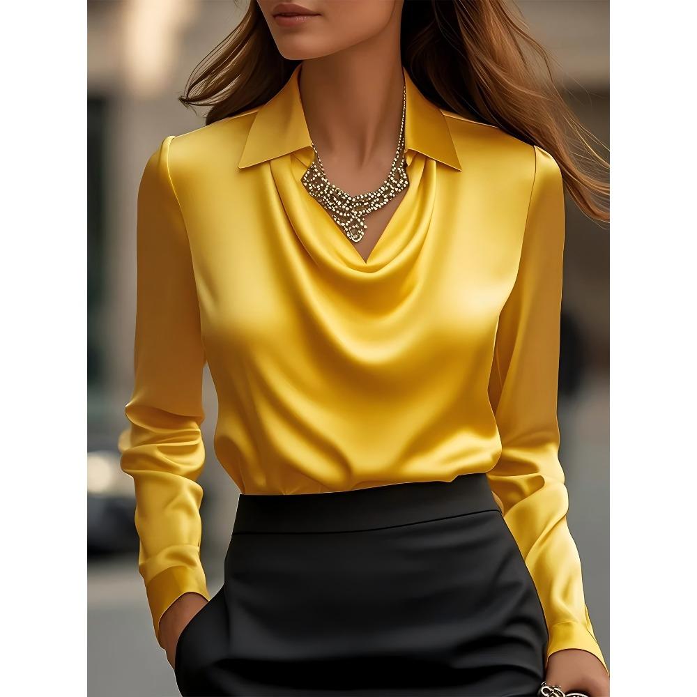 Women's Turn Down Collar Cowl Neck Long Sleeve Satin Blouse Elegant Solid Color Office Work Shirt Top