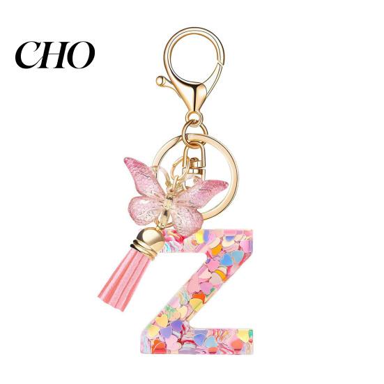 Pocket Keychain Pink Series Pendant, Sequins Heart Initial Letter Charm Key Chain with Backpack Butterfly Tassel Design, A-Z Holder for Bag