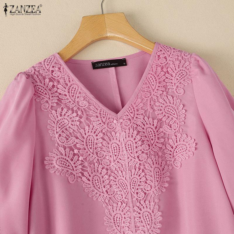 ZANZEA Blusa Casual da Donna a Maniche Corte con Patchwork di Pizzo e Scollo a V