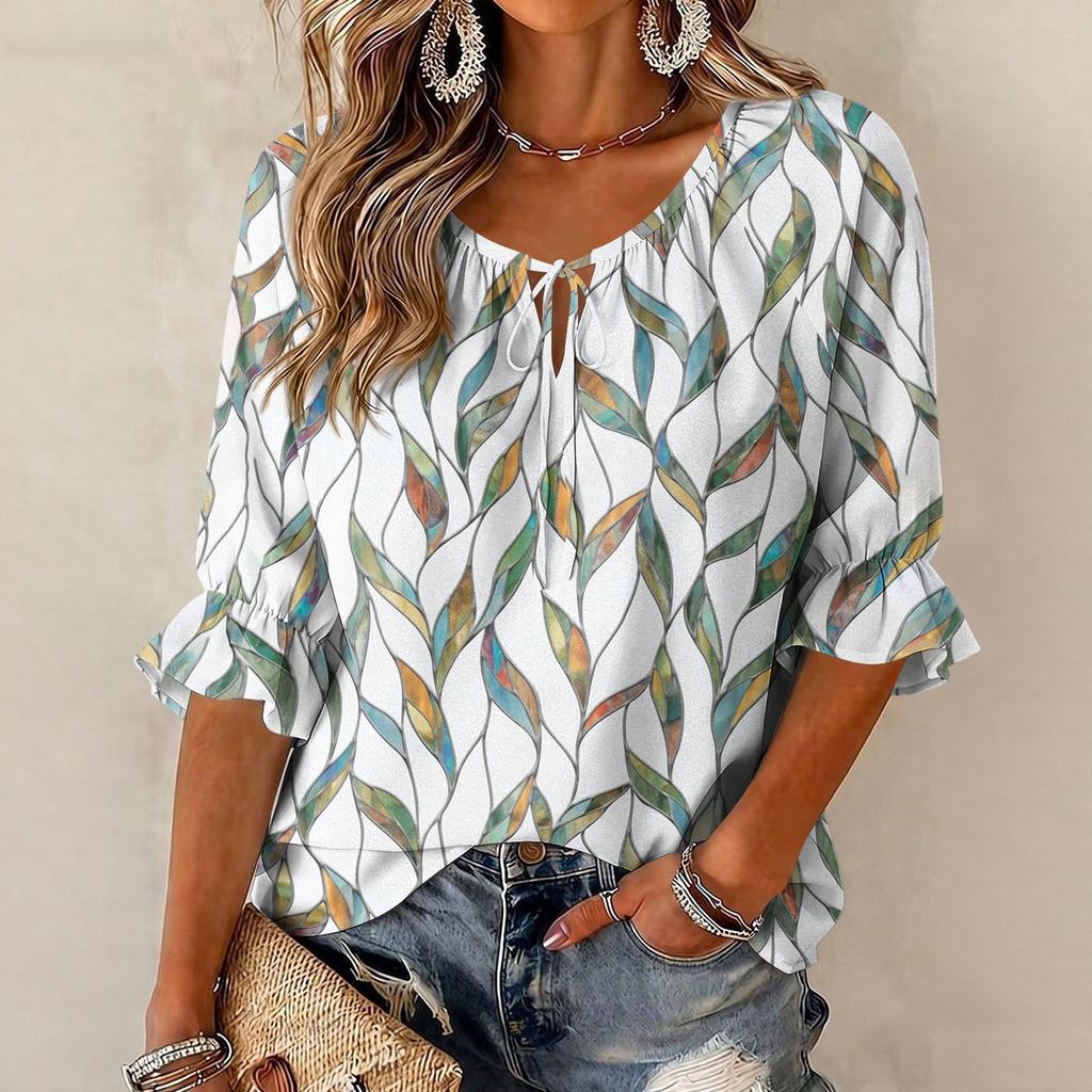 Women's Retro Floral Print Ruffle Three-Quarter Sleeve Blouse with Tie Neck