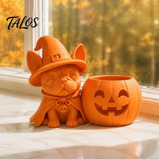 Cute Dog Halloween Gift French Bulldog Witch Statue, 3D Printed Pumpkin Candle Holder, Festive Home Decorations Figurine Tabletop Decor for
