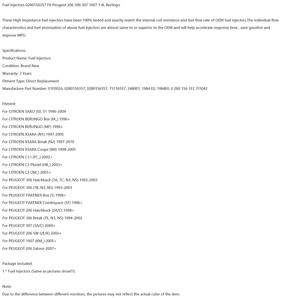 1pcs Fuel Injectors 0280156357 Fit Peugeot 206 306 307 1007 1.4L Berlingo