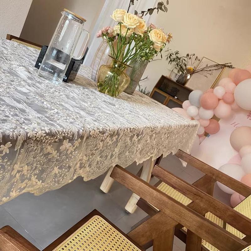 Beige Lace Tablecloth Embroidered Floral Vintage Garden Table Cloth Rectangle Wedding Party French Country Dining Table Cover Elegant Decor