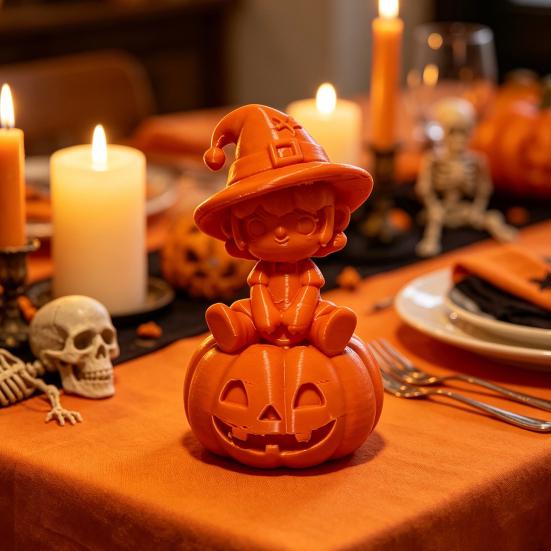 Pumpkin Girl Figurine 3D Printed Figurine, Spooky Witch Statue, Durable Halloween Ornament Sitting On for Party Decor