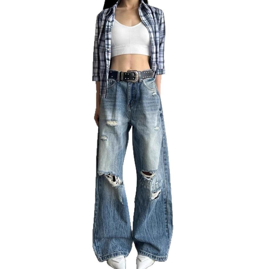 Comfortable Washed Big Yards Broken Holes Wide-legged Jeans Years High-waisted Skinny Old Loose Dragged Trousers Jeans for Women Long Denim Pants