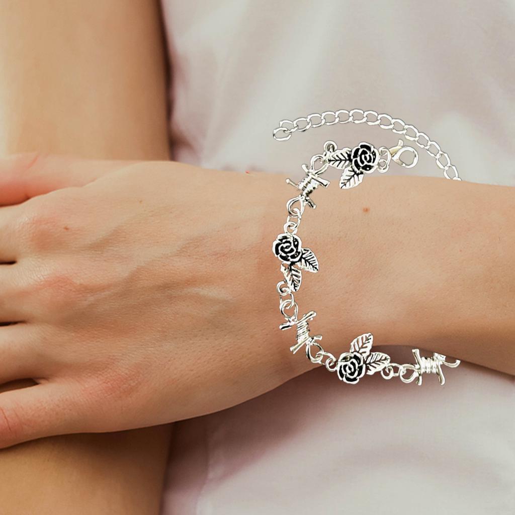Stylish Thorned Rose Bracelet Adjustable Hand Chain Flowers Link Bangles Victorian Style Jewelry for Fashionable Ladies