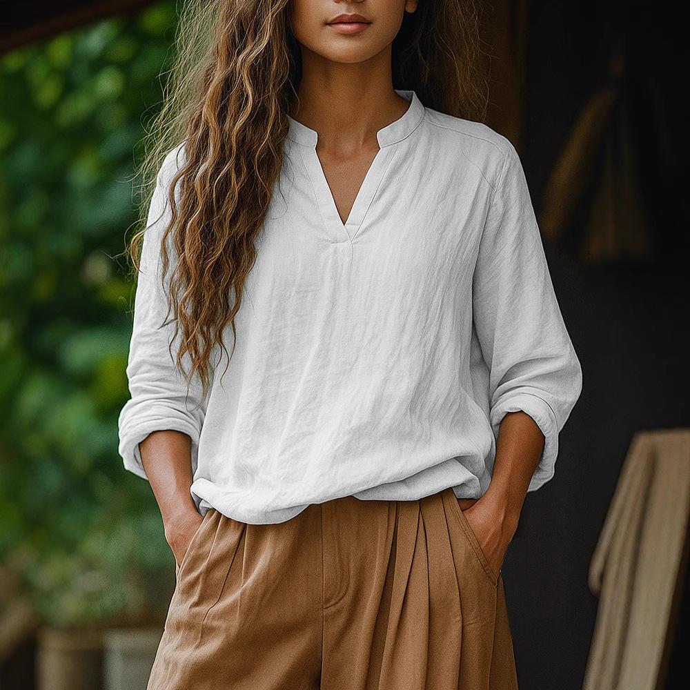 New Women's Casual Long-sleeved V-neck Door Barrel Regular Clean Multi-color Women's Top T-shirt