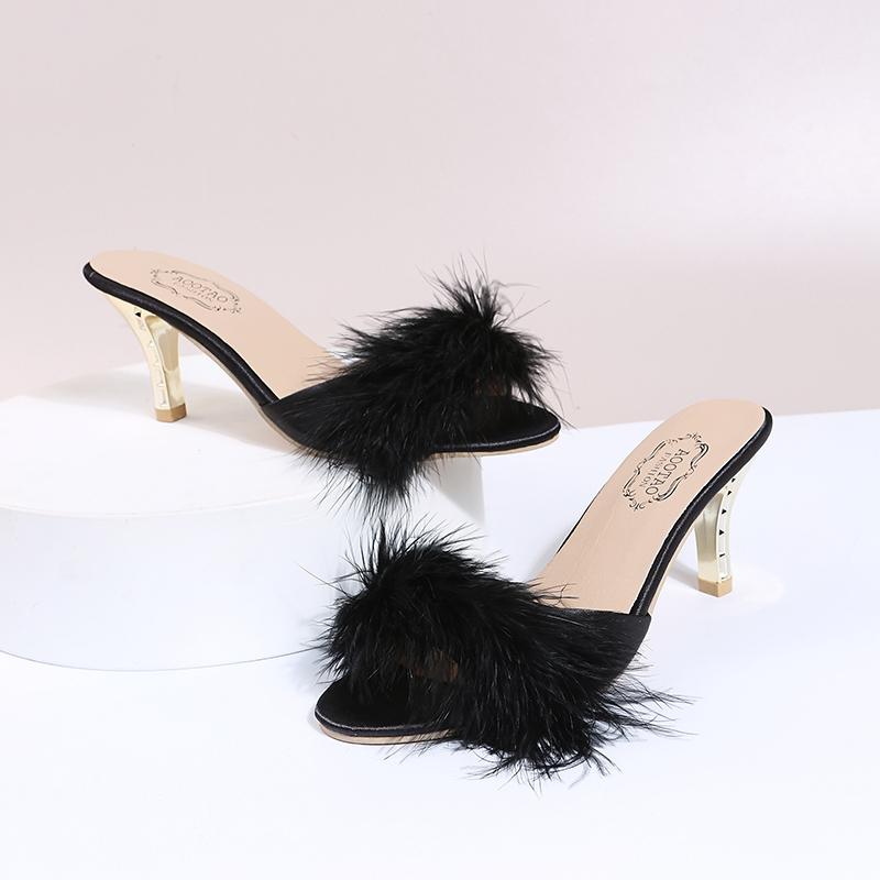 Classic Slides Slippers for Women Casual Strange High Heels Shoes for Women Solid Fur Leather Slip on Summer Slippers Plus Size
