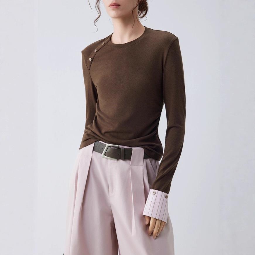 Women s Wool Colorblock Drop Shoulder T-shirt - 2025 Autumn Fashion One Size кофейный