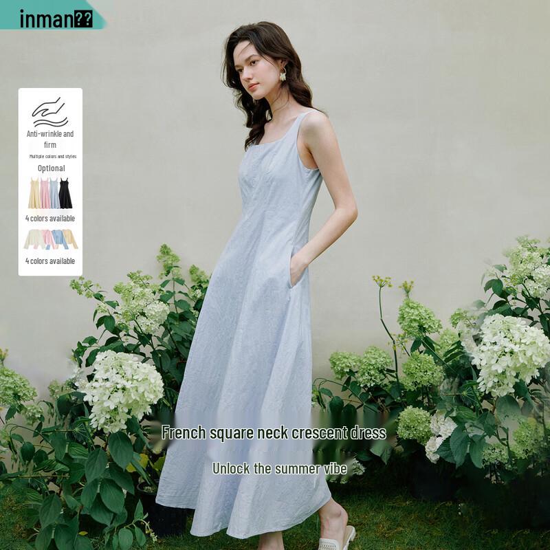 INMAN French Style Square Neck Spaghetti Strap Long Dress