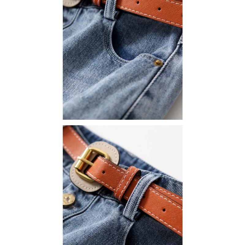 Světle modrá džínová sukně s patchworkovým lemem z bavlny a vlny, s plisováním a přezkou s hřebíčky, s vysokým pasem, midi sukně