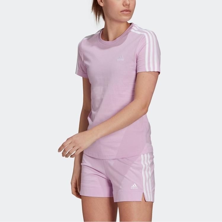 Adidas Striped Logo Round Neck Sports Casual Short Sleeve T-Shirt Women T-Shirts Purple GL0790