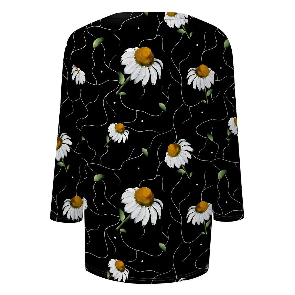 Women’s Casual Floral Print Three Quarter Sleeve Crew Neck Loose Fit Pullover Top for Daily Wear Spring Summer Autumn
