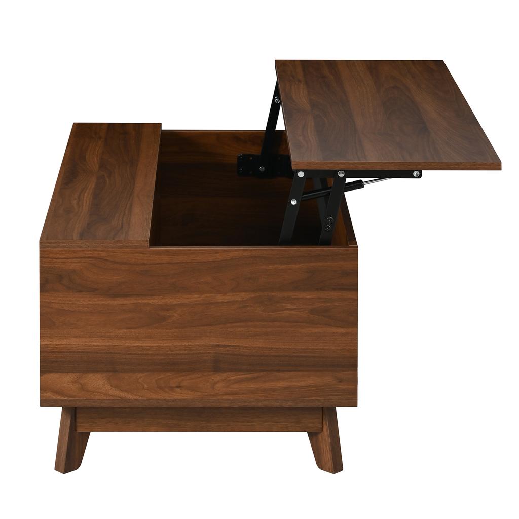 Coffee Table Modern Retro, Height-Adjustable Tabletop, Sliding Louvre Door, Walnut Look, MDF Body, Multifunctional Living Room Table