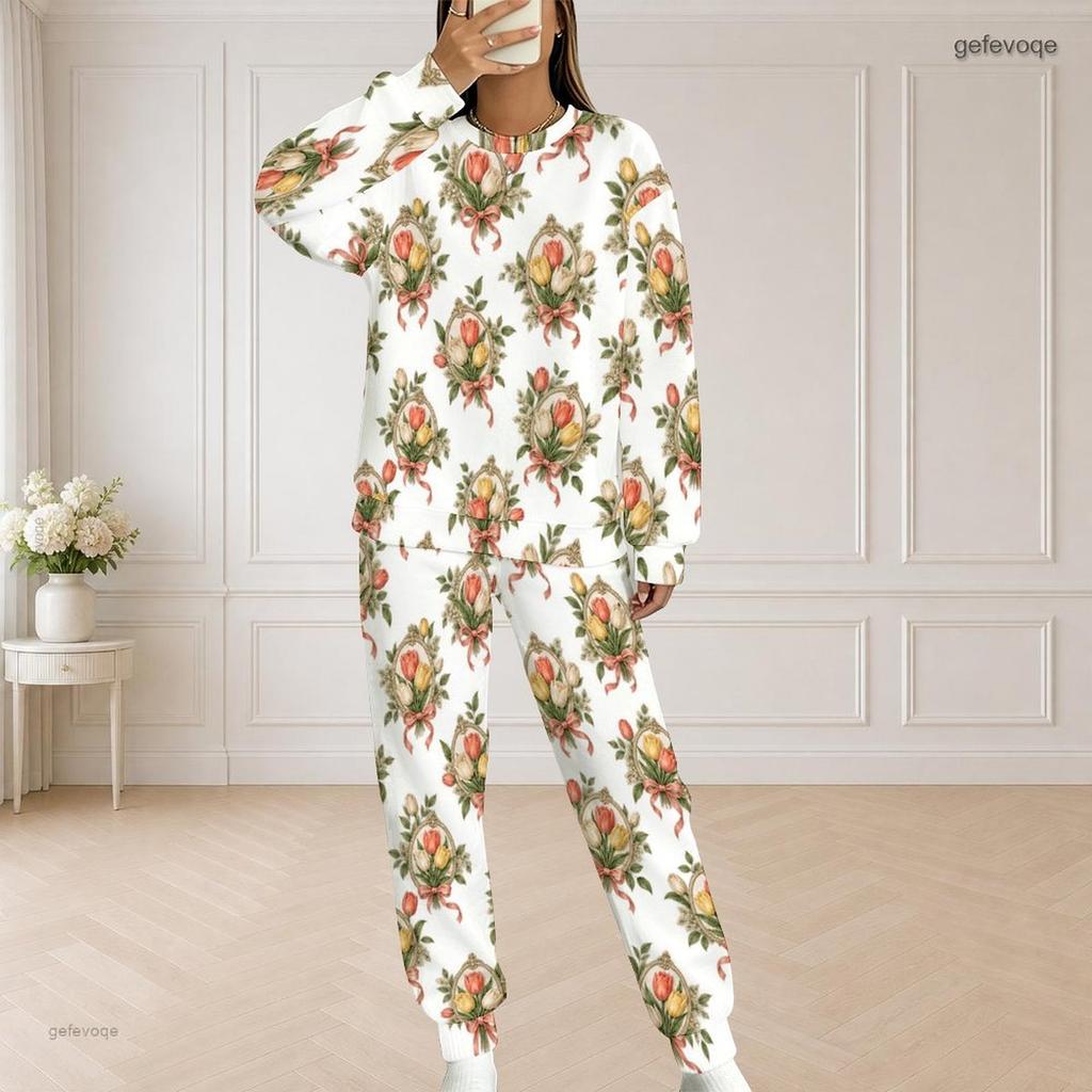 Women Plus Size White Floral Printed Round Neck Long Sleeve Top And Pants Set
