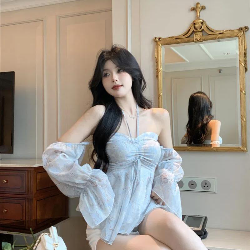 Sweet Spicy Sexy Blouse Blue Floral Chiffon Hanging Elegant Neck with One Shoulder Sleeves Vintage Detachable All-match Shirts