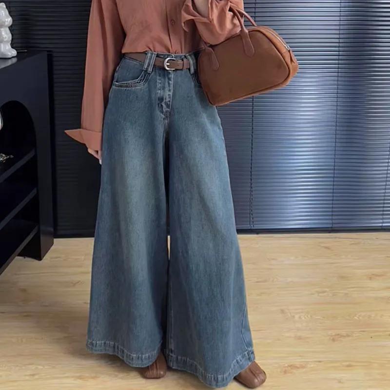 Kadın Sonbahar Bol Yüksek Bel Düz Bacak Kot Pantolon Basit Vintage Geniş Bacak Uzun Pantolon