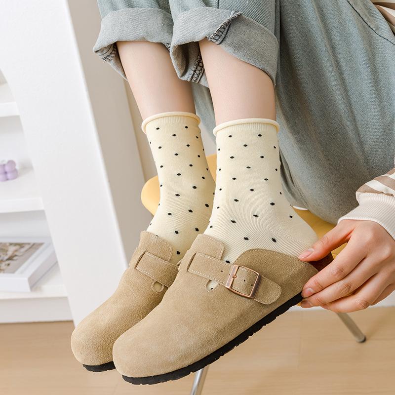 Female Spring and Autumn Polka Dots Roll Edge Loose Mouth In The Tube Stack Socks