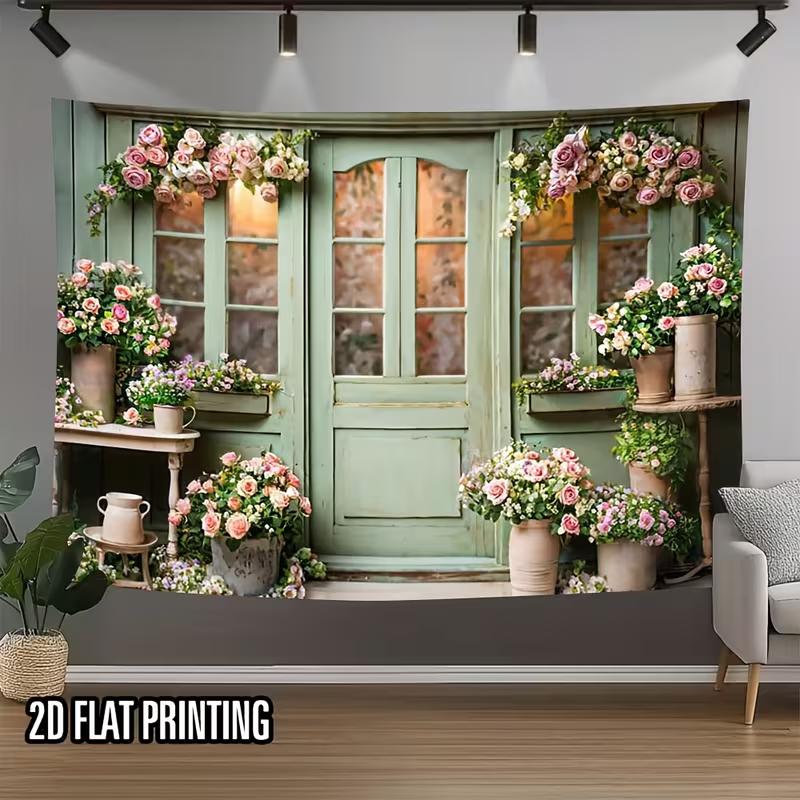 2D Floral Doorway Backdrop, Vintage Flower Shop with Potted Roses Background