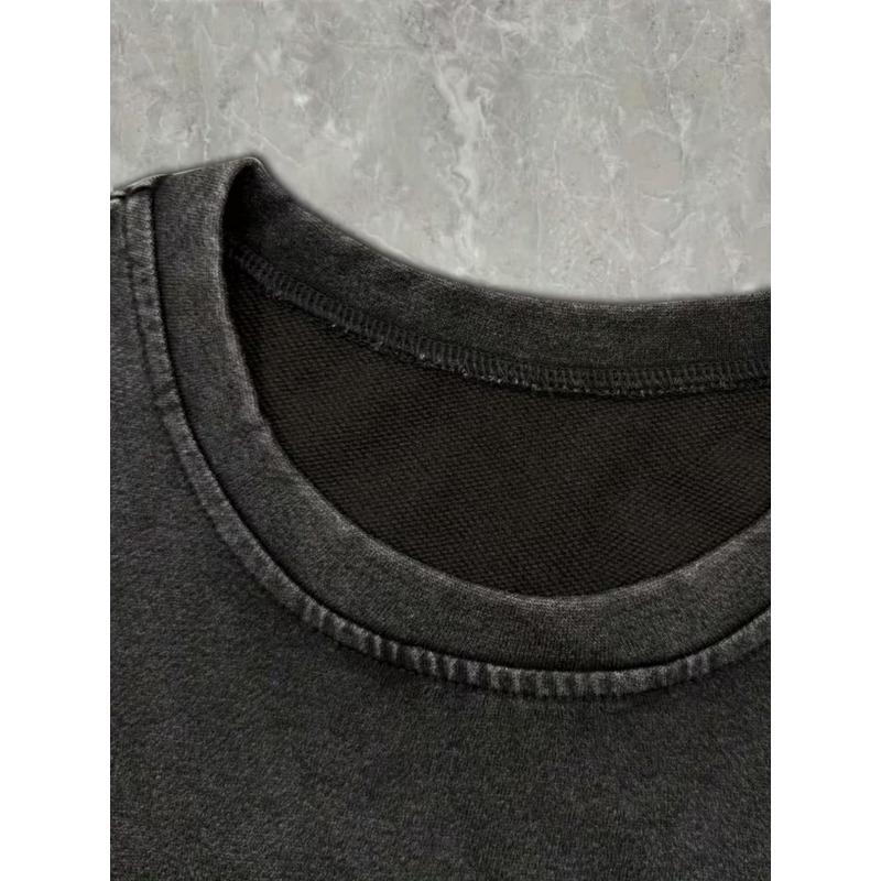 European Size Men'S And Men'S Washed Short Sleeve T-Shirt - Black Abstract Cosmic Sword And Phase Print, Geometric Pattern, Crew Neck Casual T-Shirt