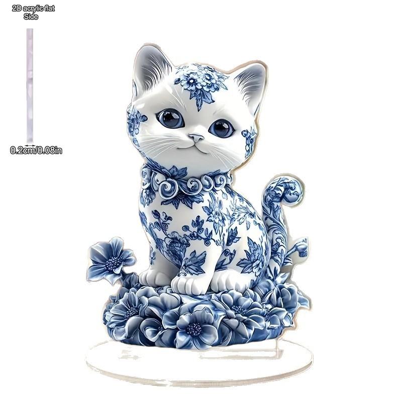 2D Blue White Porcelain Cat Ornament with Acrylic Bracket - Waterproof Multi Functional Home, Office, and Cafe Stand Ornaments