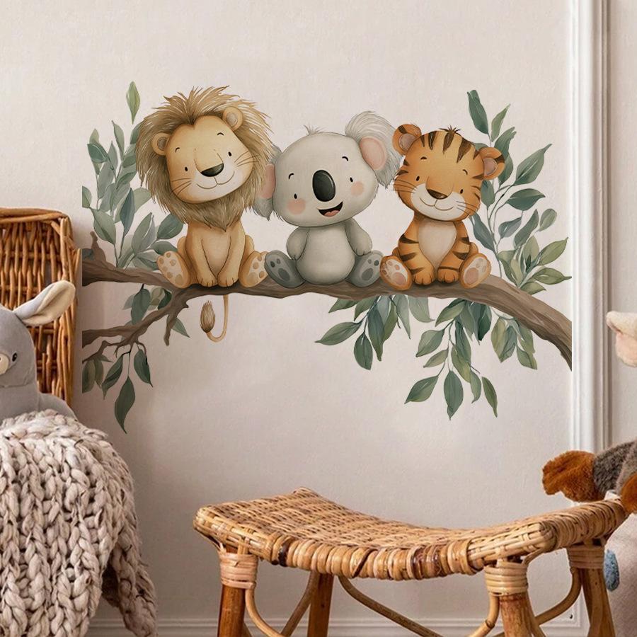 Animals On a Branch Wall Stickers, Lion Koala Tiger Self-Adhesive Decor for Nursery Kids Room Decoration