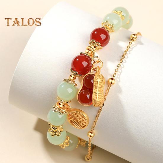 Women Bracelet Faux Jade Smooth Bead Leaf Peatnut Pendant Good Luck Adjustable Length Rhinestone Lady Bangle Prom Daily Wrist Jewelry