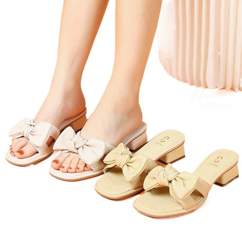 Soft Leather Thick Heel Slippers Women's Medium Heel 2025 New Summer Fashion Outer Wear Bow Open Toe High Heel Cool Slippers Women